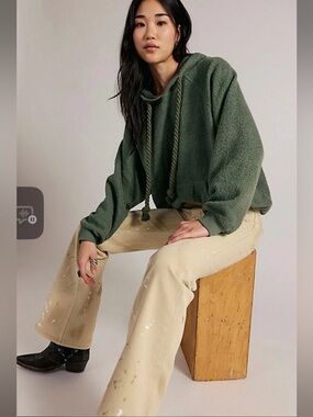 Free People Looped Hoodie in Oil Green Olive Green
